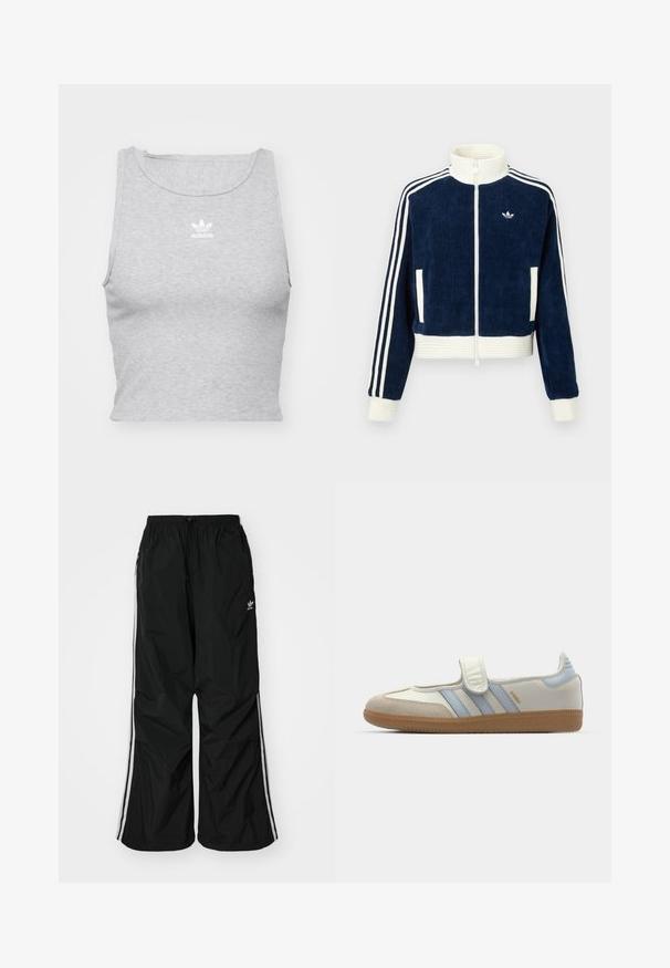 Merihenkinen corduroy-zip-up-takki, jossa on valkoinen ribbikumpparikaulus ja -hihansuut. Kolme valkoista raitaa hihoissa ja pieni logo rinnassa. Kaksi etutaskua.; Harmaa, hihaton crop top, joka on valmistettu pehmeästä kankaasta. Siinä on pyöreä kaula-aukko ja pieni valkoinen Adidas-logo rinnassa.; Mustapohjaiset tuulihousut, joissa on elastinen vyötärö, nauhakuja, valkoiset sivuviivat, väljä malli ja pieni logo vasemmalla puolella.; adidas Originals SAMBA JANE BALLERINA - Ballerinat nilkkaremmillä - cloud white/halo blue