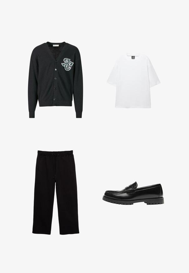 Sort strik cardigan med V-hals, knaplukning, tekstureret mønster og broderet logo på venstre bryst. Ribbet manchetter og kant.; Hvid oversized t-shirt med korte ærmer, rund halsudskæring og blødt bomuldsstof. Har et sort mærke ved halsen. Ingen mønstre eller accenter.; Sorte sweatpants lavet af blødt stof, med elastisk talje med snøre, to sidelommer og en afslappet pasform.; Sort læderloafer med en kraftig gummisål og klassiske penny-strap detaljer, vist fra ydersiden.