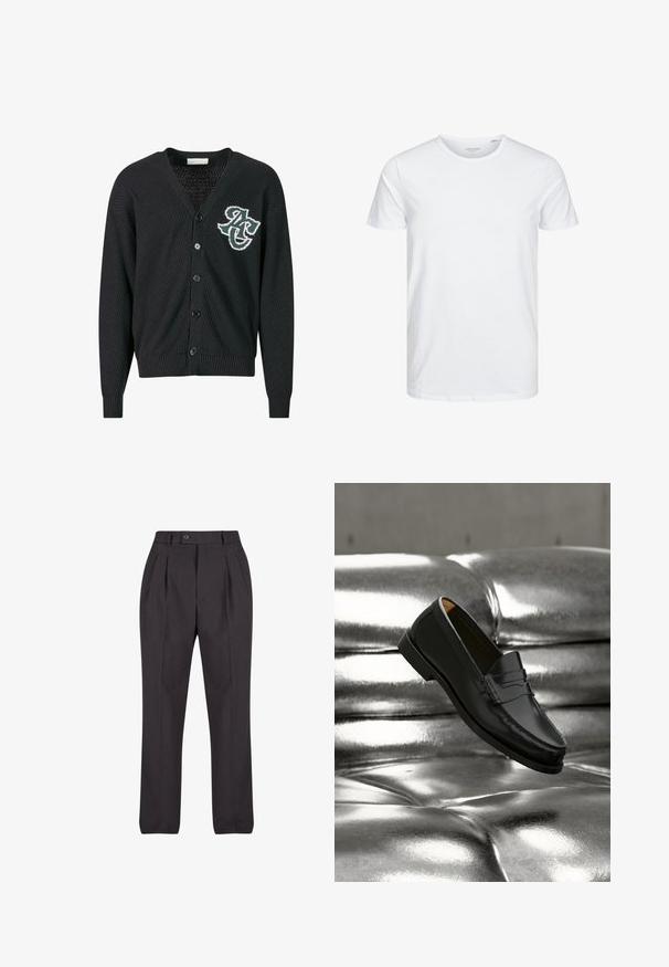 Cardigan noir en tricot avec un col en V, fermeture à boutons, motif texturé et logo brodé sur le côté gauche de la poitrine. Poignets et ourlet côtelés.; T-shirt à col rond à manches courtes de couleur blanche unie, fabriqué en coton doux, avec un design simple sans motifs ni accents visibles.; Pantalons noirs ajustés en tissu lisse, dotés de plis devant, d'une fermeture à un bouton et de jambes droites sans motifs visibles.; Mocassin en cuir noir flottant au-dessus d'un canapé en cuir argenté brillant matelassé à boutons dans un décor minimaliste.