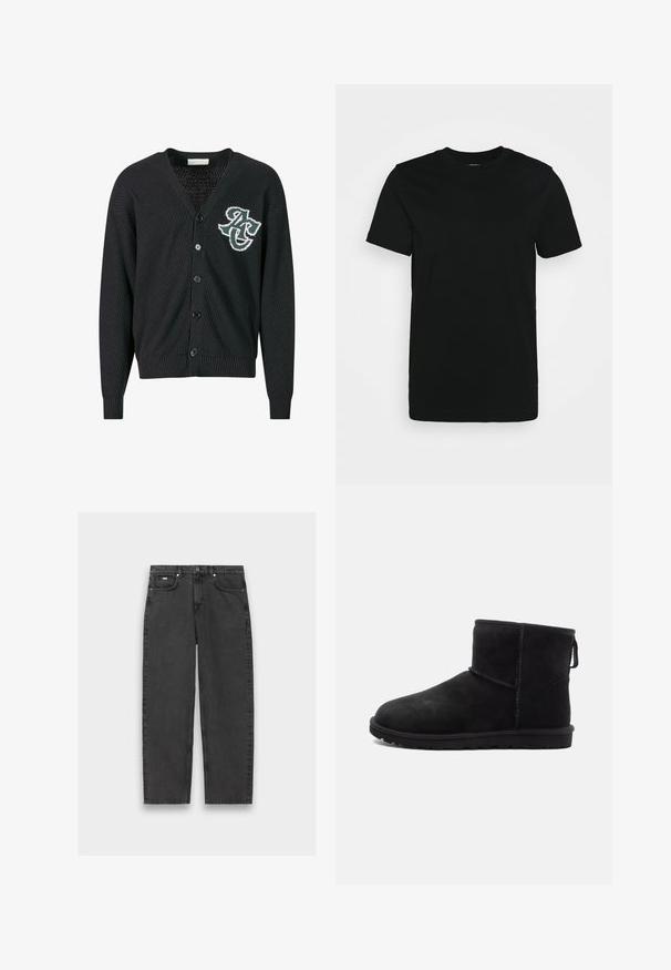 Zwarte gebreide cardigan met een V-hals, knoopsluiting, een gestructureerd patroon en een geborduurd logo op de linkerborst. Ribgebreide manchetten en onderkant.; Zwarte T-shirt met korte mouwen van glad katoen, met een ronde halslijn en een eenvoudig ontwerp zonder patronen of accenten.; Zwarte rechte jeans met vijf zakken, knoopsluiting en zichtbare stiksels, plat gelegd op een neutrale achtergrond.; Zwarte suède enkellaarsjes met ronde neus, minimale stikdetails, een lusje om aan te trekken en een gestructureerde rubberen zool. Ontworpen voor warmte en comfort.