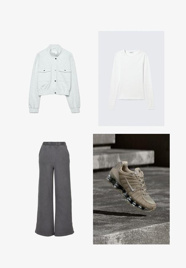 Lysegrå cropped jakke med høj krave, trykknap foran, to brystlommer med klap samt elastiske manchetter og talje.; Langærmet, enkel hvid T-shirt med rund halsudskæring og tætsiddende pasform, vist mod en lysegrå baggrund.; Breddebenede grå sweats lavet af blødt stof, med elastisk talje for komfort. Glat tekstur uden synlige mønstre eller detaljer.; Beige Nike løbesko med sølvdetaljer og fjederlignende sål svævende over betontrin i dæmpet belysning.