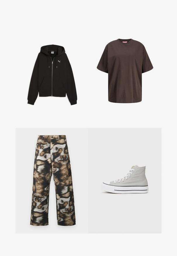 Zwarte hoodie met ritssluiting, voorzakken, capuchon met trekkoord en wit Puma-logo op de linkerborst tegen een witte achtergrond.; Donkerbruine oversized katoenen T-shirt met korte mouwen, ronde hals en subtiel logo aan de voorkant.; Wijd uitlopende broek met een gedurfd, abstract patroon in zwart, bruin en crèmekleuren. Gemaakt van gestructureerde stof met een hoge taille.; Hoge sneakers van lichtgrijs canvas, met witte veters, een witte rubberen zool en een zwarte streep langs de basis.
