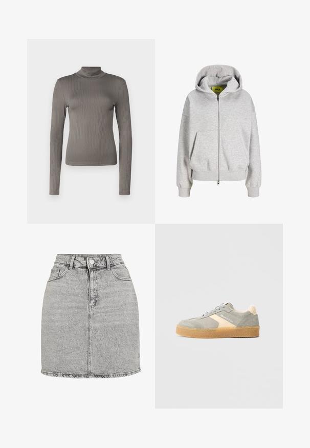 Lichtgrijze hoodie met rits, voorzakken, geribde manchetten en zoom, en een capuchon met een geel merklabel aan de binnenkant.; Grijze geribbelde lange mouwen turtleneck top met een aangesloten ontwerp en zachte textuur. Heeft een hoge halslijn en een slanke Silhouette.; Grijze denim rok met een hoge taille, sluiting met knopen aan de voorkant en twee zijzakken. Heeft een rafelrand en een subtiele stone-washed textuur.; Sneaker met een zacht grijs suède bovenwerk met beige accenten, ronde neus, gevoerde kraag, lichtgrijze veters en een gestructureerde zool van gumrubber.