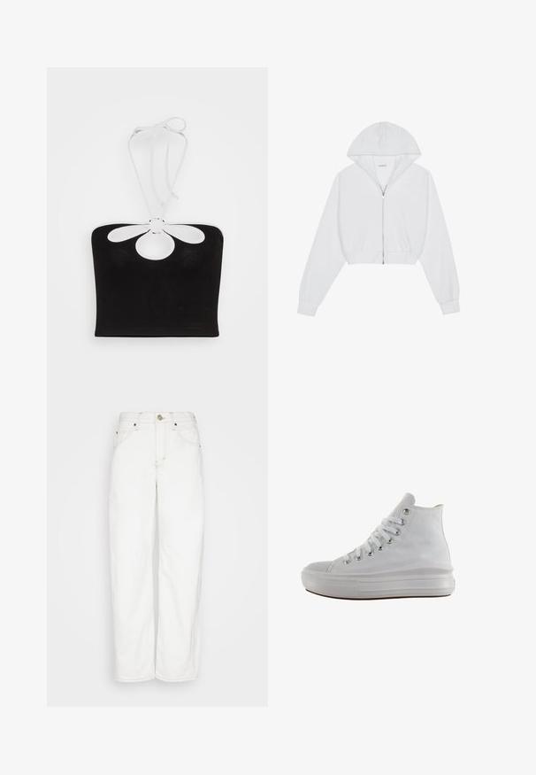 Άσπρο cropped hoodie με μπροστινό φερμουάρ, μακριά μανίκια, πλαινές τσέπες και κουκούλα. Φτιαγμένο από μαλακό ύφασμα με λεία υφή.; Even&Odd by Zalando Μπλούζα - black; BDG Urban Outfitters LOGAN CINCH - Straight leg jeans - white; Άσπρο αυθεντικό ψηλό πάνινο παπούτσι με λευκά κορδόνια, μεταλλικές οπές, παχιά λαστιχένια σόλα και υφασμένη προστασία στα δάχτυλα, στραμμένο προς τα αριστερά σε λευκό φόντο.