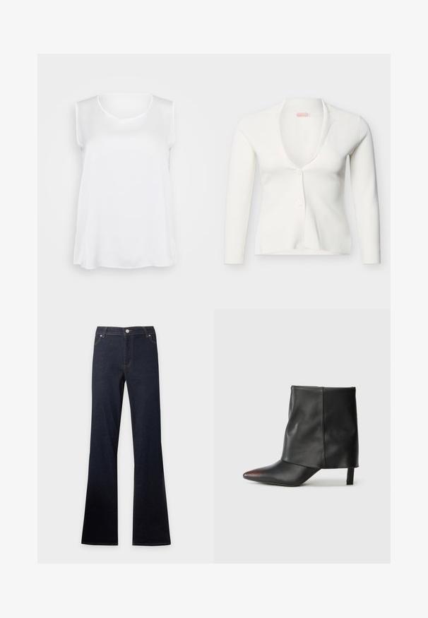 Cárdigan blanco de manga larga para mujer con escote en V pronunciado, dos botones y corte entallado y ajustado sobre un fondo liso.; Top sin mangas blanco con una textura suave, escote en V y ajuste relajado. Dobladillo ligeramente curvado y aberturas laterales para mayor libertad de movimiento.; Vaqueros de denim azul oscuro con cintura alta y piernas acampanadas, con bolsillos delanteros, botón y cierre de cremallera.; Botín negro de piel lisa con punta afilada y tacón cónico. La parte superior presenta un diseño ligeramente fruncido.