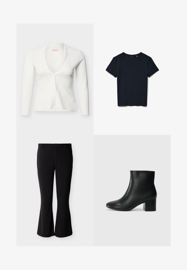 Cardigan blanc à manches longues pour femme, avec un col en V plongeant, deux boutons et une coupe slim ajustée sur un fond uni.; T-shirt noir à manches courtes en tricot côtelé avec encolure ronde, posé à plat sur fond blanc.; Pantalon noir évasé en tissu lisse, doté d'une taille ajustée, de poches avant et d'une fermeture par un bouton unique.; Bottines en cuir noir avec un bout pointu et un talon épais. Texture lisse avec des accents minimalistes et un design élégant et ajusté.