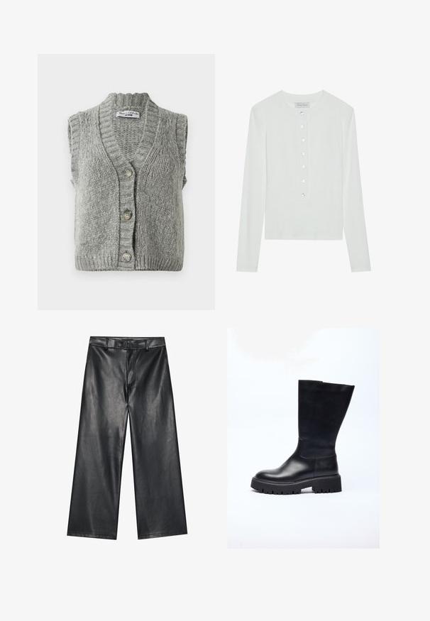 Grå strikket ærmeløs cardigan vest med knapper og ribbet krave og kant, liggende fladt og viser forsiden med tre knapper.; Hvid langærmet top lavet af ribbet stof, med en rund halsudskæring og en knaplukning foran med seks klare knapper.; Sorte læder bukser med brede ben og en glat tekstur, bæltestropper og en frontlynlås. Har en løs pasform og rene syninger.; Sorte læder knæhøje støvler med en chunky sål, designet med en glat tekstur, rund tå og minimalistisk silhuet.