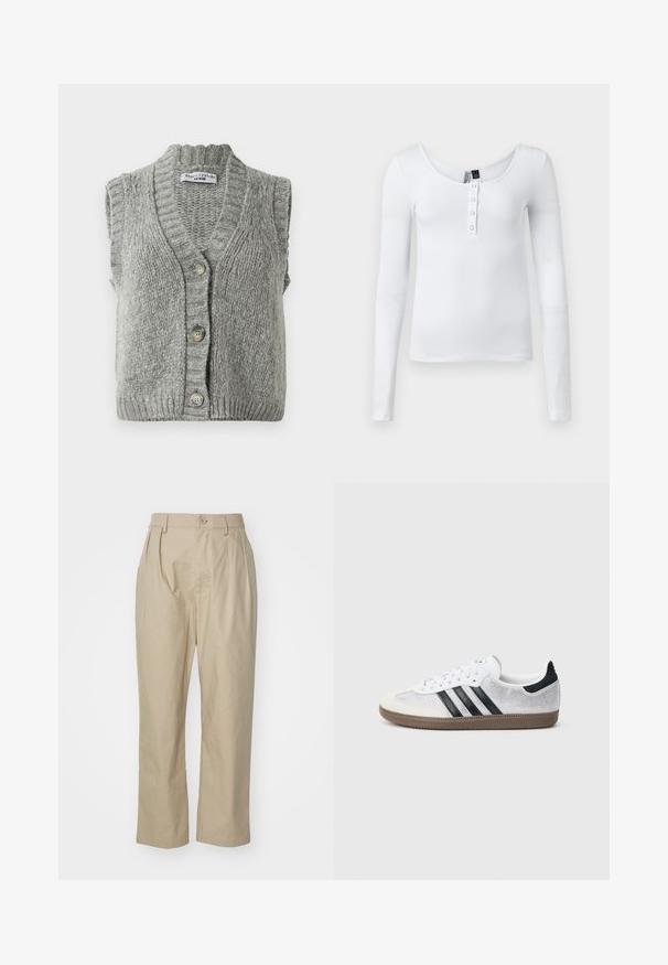 Grå strikket ærmeløs cardigan vest med knapper og ribbet krave og kant, liggende fladt og viser forsiden med tre knapper.; Hvid langærmet ribbet top med scoop-neck og fire knapper foran. Stoffet har en glat tekstur og en tætsiddende pasform.; Beige bukser lavet af bomuld, med afslappet pasform, frontfolder, en enkelt knaplukning og lige ben med syede kant.; Hvid mesh-sneaker med sorte striber, beige ruskind på tåhætte og hæl, tekstureret gummisål og hvide snørebånd. Klassisk lavtopsdesign.