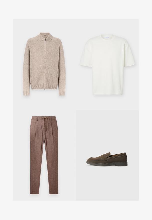 Beige strikket cardigan med høj krave, lynlås, ribstrikkede ærmegab og kant, med et tekstureret stof med prikker over det hele.; Hvid tekstureret T-shirt med korte ærmer og rund hals med en almindelig pasform og et lille mærke indeni kraven.; Brune, strukturerede bukser med et hørmønster, der har en snøre i taljen og to frontfolder. Lige ben-design.; Brune ruskinds loafers med en rund tå, en rem over forfoden og en flad gummisål. Enkel design med rene linjer og minimal dekoration.