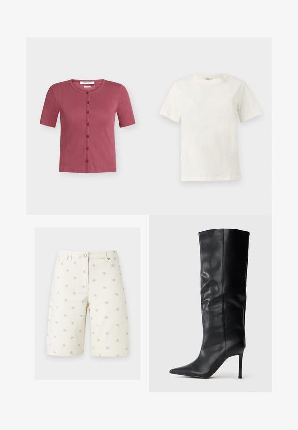 Kortärmelig vest met knopen aan de voorkant, stoffige roze kleur, met ronde halslijn en subtiele gestructureerde verticale strepen.; Effen witte katoenen T-shirt met korte mouwen en ronde hals, weergegeven op een neutrale lichtgrijze achtergrond.; Crèmewitte denim shorts met kleine paarse en gele bloemenprints, een knoop aan de voorkant, lussen voor een riem en zijzakken.; Zwarte laarzen van leer tot de knie met een spitse neus en dunne hoge hak op een effen witte achtergrond.