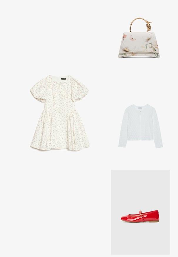 Cardigan en tricot blanc avec un motif texturé, col rond, manches longues et une fermeture à un bouton à l'avant.; Robe blanche à manches courtes bouffantes avec un petit imprimé floral rose, dotée d'une taille froncée et d'un col rond avec un petit nœud.; Des ballerines en cuir verni rouge avec un bout carré, une petite bride à boucle sur le coup de pied et une semelle en caoutchouc plate.; Sac à main blanc avec imprimé floral et papillons, forme trapézoïdale, et poignée ronde dorée avec détail feuille.