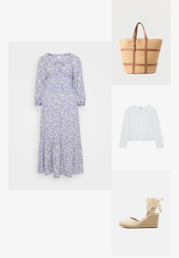 Cardigan en tricot blanc avec un motif texturé, col rond, manches longues et une fermeture à un bouton à l'avant.; Robe florale avec une base lilas, ornée de fleurs blanches et jaunes. Manches longues, encolure froncée et ourlet en volants. Tissu léger.; Escarpin compensé beige avec tige en toile, bout ouvert et lacets en ruban doux. Compensé en jute texturé avec un motif tressé.; Grand sac fourre-tout beige tissé avec deux sangles en cuir marron et des bandes horizontales en cuir marron sur un fond uni.