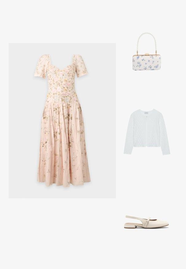 Cardigan en tricot blanc avec un motif texturé, col rond, manches longues et une fermeture à un bouton à l'avant.; Robe midi rose clair avec manches bouffantes, décolleté en cœur et délicate broderie florale sur toute la robe.; Belles ballerines en cuir beige clair, avec un bout carré, une sangle réglable et un petit talon carré. Texture lisse et design minimal.; Pochette rectangulaire blanche avec motif floral bleu et anse perlée, avec garniture dorée et fermeture à clip.