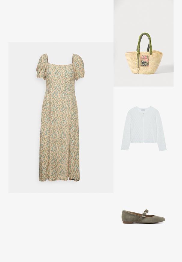 Biely pletený kardigán s textúrovaným vzorom, okrúhlym výstrihom, dlhými rukávmi a jedným gombíkom na zapínanie vpredu.; Even&Odd by Zalando Denné šaty - green/pink; Zelené semišové baleríny s okrúhlou špičkou, tenkým remienkom so strieborným krúžkom a nízkym hnedým podpätkom.; Tkaná béžová slamenná taška s pletenými zelenými a čiernymi rukoväťami a farebnou obdĺžnikovou záplatou na prednej strane.