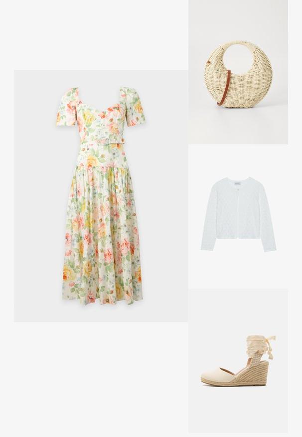 Hvid strikket cardigan med et tekstureret mønster, rund halsudskæring, lange ærmer og en enkelt knaplukning foran.; Floral midi kjole med pufærmer, hjerteudskæring, figursyet talje med bælte og et flydende skørt i pastelgule, pink og grønne toner.; Beige espadrille kile med overdel i kanvas, åben tå og bløde båndsnore. Teksturiseret jutekile med et fletmønster.; Rund flettet taske i naturligt strå med en tekstureret overflade. Har en glat brun læderrem og et cirkulært håndtag.