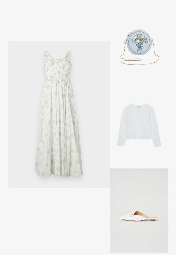 Cárdigan blanco de punto con un patrón texturizado, escote redondo, mangas largas y un cierre de un solo botón en el frente.; Vestido maxi blanco sin mangas con cuerpo fruncido, tirantes con volantes y estampado floral azul y amarillo.; Mules planos blancos con punta afilada, con un detalle circular de perlas y herrajes dorados. Material suave con un diseño minimalista.; Bolso redondo azul claro con flores azules y blancas, atado con un lazo azul, correa de cadena dorada y detalles de borde ondulado.
