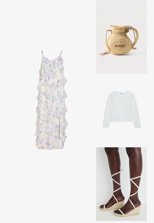 Cardigan en tricot blanc avec un motif texturé, col rond, manches longues et une fermeture à un bouton à l'avant.; Robe maxi blanche sans manches avec imprimé floral pastel et tissu à volants superposés.; Sandale compensée avec une semelle d'espadrille texturée, des brides beiges entrecroisées autour de la cheville, design à bout ouvert, matériau lisse ressemblant au cuir.; Sac à main rond en paille tissée avec une anse en corde et "ALEMAIS" brodé sur le côté en fil marron.