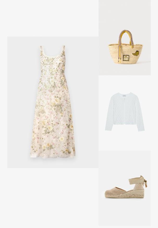 Biely pletený kardigán s textúrovaným vzorom, okrúhlym výstrihom, dlhými rukávmi a jedným gombíkom na zapínanie vpredu.; Needle & Thread FLORINE SCOOP NECK BALLERINA DRESS - Oblečenie na špeciálnu príležitosť - cream; béžové espadrilky s plátenným zvrškom, textúrovanou tkanou pätou a pletenou juta podrážkou; obsahujú viazaný remienok okolo členka pre bezpečné uchytenie.; Vyrábaná slamenná taška s pletenými žltými a béžovými rukoväťami, zdobená nášivkou banánu a malým rámovaným motívom ryby na prednej strane.