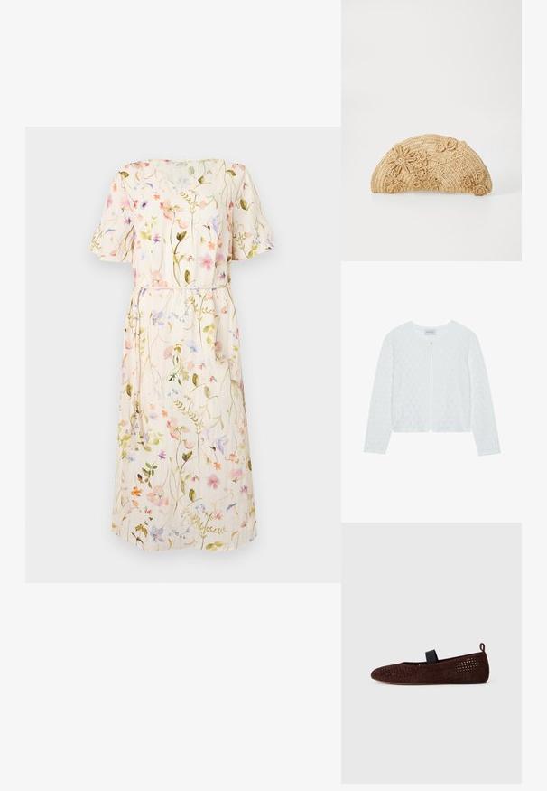 Hvid strikket cardigan med et tekstureret mønster, rund halsudskæring, lange ærmer og en enkelt knaplukning foran.; Blomstret kjole med korte ærmer, lys beige stof med flerfarvede blomster mønstre, taljebind, knælangt design.; Brune ruskind ballet flad sko med perforeret design. Har en sort elastisk rem og en løkke ved hælen for nem påtagning.; Vanessa Bruno Clutches - naturel