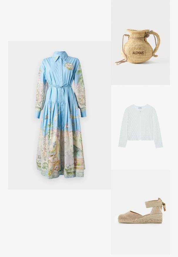 Cardigan en tricot blanc avec un motif texturé, col rond, manches longues et une fermeture à un bouton à l'avant.; Robe bleu clair avec de longues manches imprimées présentant des illustrations colorées ; col, taille cintrée et jupe plissée.; Espadrille beige avec une tige en toile, un talon texturé tissé et une semelle en jute tressé ; dispose d'une bride à la cheville pour un maintien sécurisé.; Sac à main rond en paille tissée avec une anse en corde et "ALEMAIS" brodé sur le côté en fil marron.