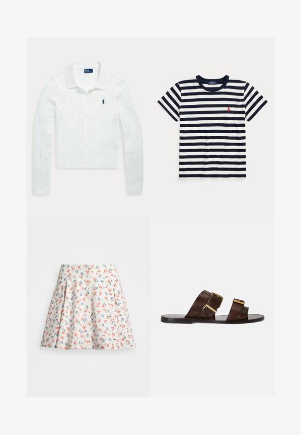 Witte kabelgebreide lange mouwen cardigan met knopen, een kraag en een klein marineblauw Polo Ralph Lauren-logo op de linkerborst.; Marineblauw-wit horizontaal gestreept T-shirt met korte mouwen, een ronde hals en een klein rood Polo Ralph Lauren-logo op de borst.; Bloemenrok van crèmekleurige stof, versierd met rode en blauwe bloemen. A-lijn stijl met plooien bij de taille en een knoopsluiting aan de voorkant.; Bruine leren slippers met twee brede bandjes met goudkleurige gespen, een platte zool en minimale stikdetails.