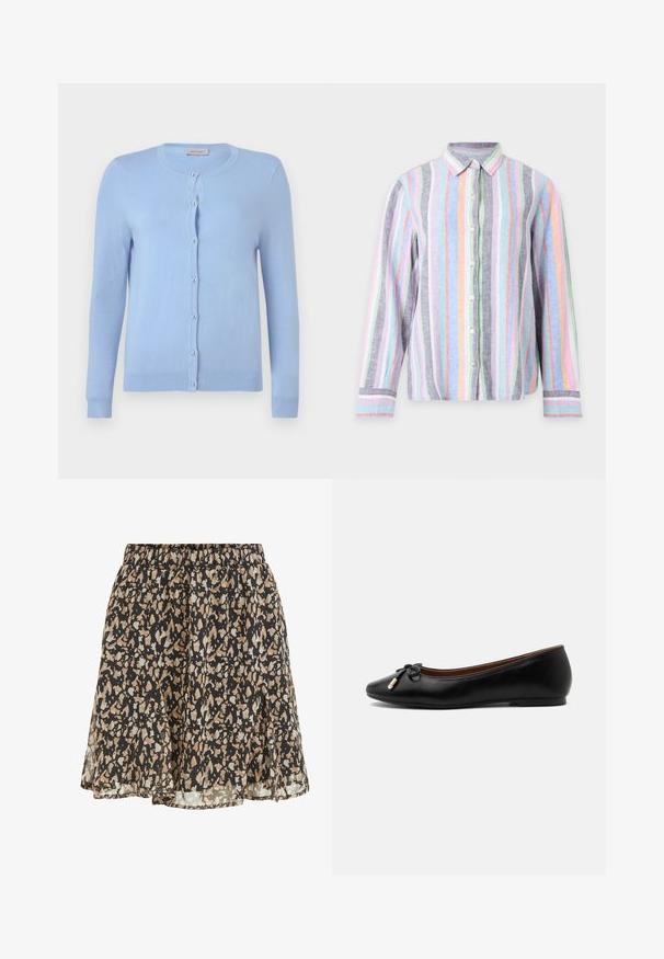 Lyseblå strikket cardigan med rund halsudskæring, lange ærmer og syv perle-lignende knapper foran, label mærket "Anna Field."; Langærmet skjorte med knapper foran med lodrette pastelfarvede striber i grå, blå, pink, grøn, hvid og orange på en lys baggrund.; Sort nederdel med beige og lysegrå uregelmæssige pletter, elastisk talje og en flydende, let udvidet kant.; Sort læder balletflat med rund tå, lille sløjfe med guldtippede ender og en lav flad hæl på en grå baggrund.