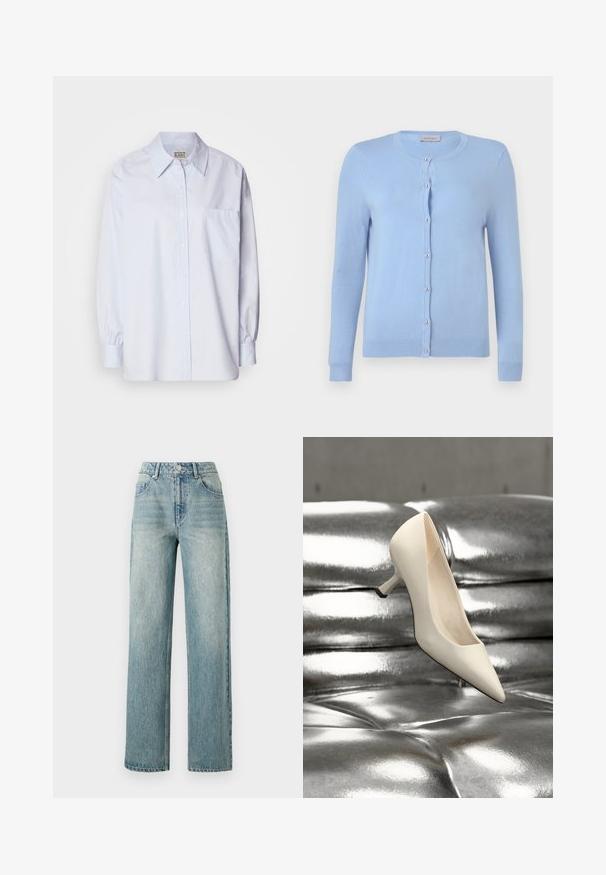 Lichtblauw gebreid vest met ronde hals, lange mouwen en zeven parelachtige knopen aan de voorkant, label met de tekst "Anna Field".; Lichtblauw button-up shirt van katoen. Heeft een puntige kraag, lange mouwen en een enkele borstzak. Zachte textuur.; Copenhagen Muse JEANNE PANTS - Relaxed fit jeans - medium dirty washed denim; Puntschoen met hoge hak in glanzend wit materiaal met een slanke hak. Het ontwerp heeft een zwarte accent op de hak en een gladde textuur.