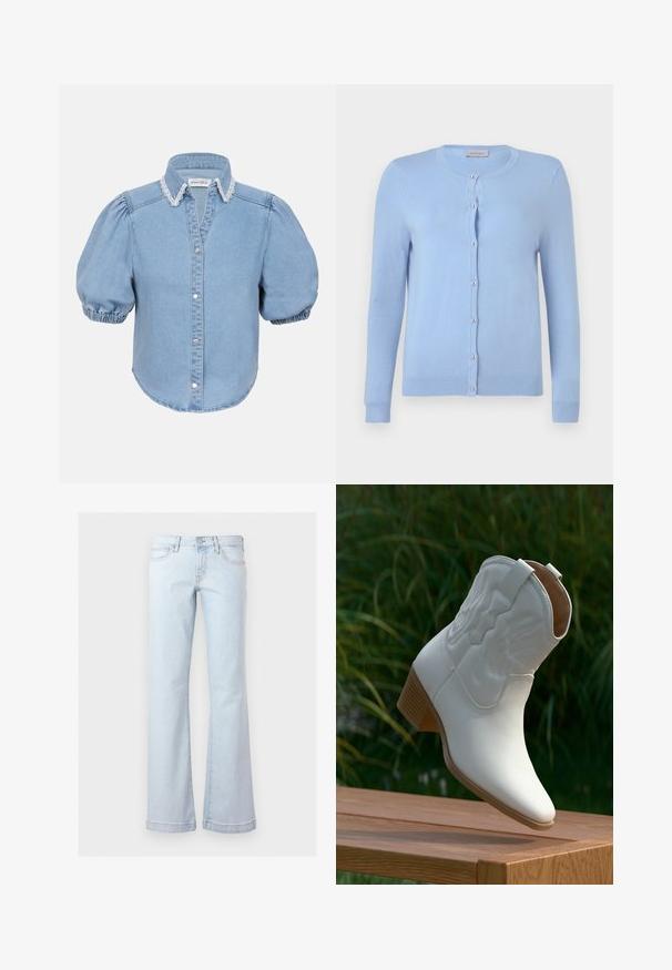 Cardigan en maille bleu clair avec encolure ronde, manches longues et sept boutons nacrés sur le devant, étiquette indiquant "Anna Field".; Chemise en denim bleu clair à manches courtes avec des manches bouffantes, un col bordé de dentelle et un devant à boutons. Texture douce avec un ourlet arrondi.; Jean en denim bleu clair taille haute avec poches avant, fermeture par boutons et jambes évasées larges.; Botte de cowboy blanche en cuir mi-mollet avec coutures décoratives et talon empilé en bois, posée sur une surface en bois à l'extérieur.