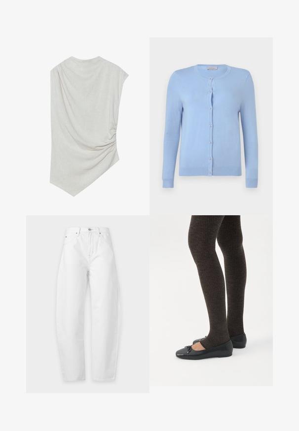 Cárdigan de punto azul claro con escote redondo, mangas largas y siete botones delanteros de imitación perla, etiqueta con la inscripción "Anna Field".; Top beige claro con escote redondeado, dobladillo asimétrico y detalle fruncido en un lado. Está hecho de una tela suave y texturizada.; Vaqueros de denim blancos de talle alto con botón delantero, cierre con cremallera, trabillas para cinturón y diseño de cinco bolsillos sobre un fondo sencillo.; Piernas con leggings oscuros acanalados combinados con bailarinas negras que presentan pequeños detalles de lazo sobre un fondo blanco.
