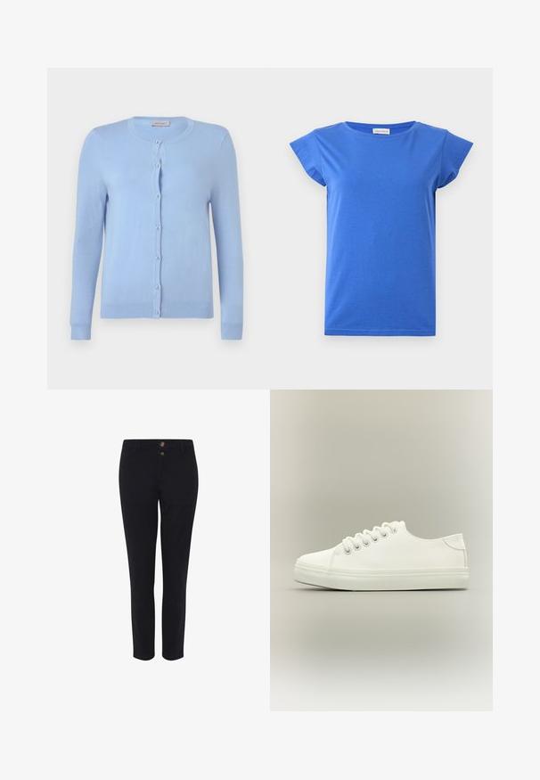 Lyseblå strikket cardigan med rund halsudskæring, lange ærmer og syv perle-lignende knapper foran, label mærket "Anna Field."; Blå kortærmet dame t-shirt med rund halsudskæring, glat stof og let kappelignende ærmer, vist på en ensartet hvid baggrund.; Sorte skræddersyede bukser lavet af en bomuldsblanding, med to frontknapper, lige snit og en glat tekstur. Ingen synlige mønstre.; Hvid lavtop sneaker med hvide snørebånd og gummisål vist fra siden på en neutral baggrund.