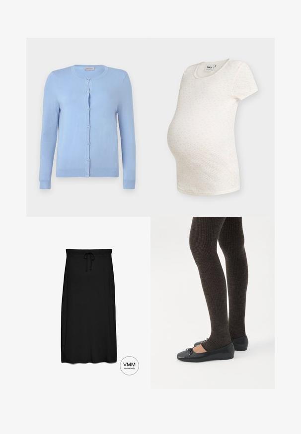 Cardigan en maille bleu clair avec encolure ronde, manches longues et sept boutons nacrés sur le devant, étiquette indiquant "Anna Field".; T-shirt de maternité blanc à manches courtes avec petit motif floral rose et col rond sur fond uni.; Jupe midi noire avec ceinture élastique et cordon, conçue pour être portée au-dessus du ventre.; Jambes portant des leggings côtelés foncés associés à des ballerines noires avec de petits détails en nœud sur fond blanc.