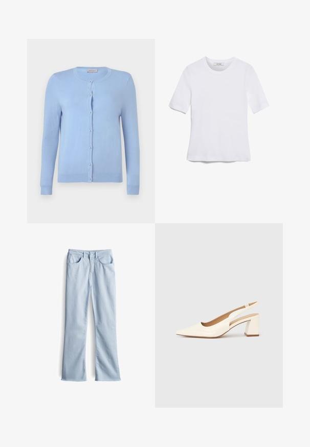 Cardigan en maille bleu clair avec encolure ronde, manches longues et sept boutons nacrés sur le devant, étiquette indiquant "Anna Field".; T-shirt blanc à manches courtes en tissu côtelé. Col rond, coupe régulière et détails de couture subtils. Aucune motif ni graphique.; Jean évasé bleu clair en denim doux. Comprend cinq poches, des passants de ceinture et un fermeture à bouton. Ourlet brut en bas.; Escarpin slingback en cuir verni crème brillant, avec un bout pointu et un talon carré épais pour la stabilité. Design minimaliste, sans ornements.