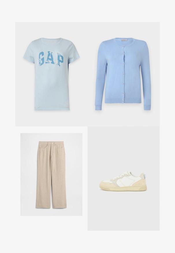 Cardigan en maille bleu clair avec encolure ronde, manches longues et sept boutons nacrés sur le devant, étiquette indiquant "Anna Field".; T-shirt bleu clair à manches courtes avec grand logo GAP bleu et motifs floraux blancs sur les lettres, présenté sur un fond uni.; Pantalon beige en velours côtelé à jambes larges avec poches avant, passants de ceinture et fermeture par bouton en métal.; Baskets blanches et beiges avec dessus en suède et textile, présentant des coutures contrastées, une semelle en caoutchouc et un accent bleu clair sur le talon.