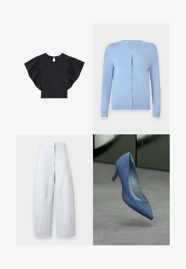 Cárdigan de punto azul claro con escote redondo, mangas largas y siete botones delanteros de imitación perla, etiqueta con la inscripción "Anna Field".; Top corto negro de manga corta con mangas rizadas dramáticas, escote redondo y detalle de abertura en la parte posterior. Material suave.; Pantalones de lino blancos de tiro alto y pierna ancha con cierre frontal de botón y cremallera, mostrados sobre un fondo liso.; Zapato de tacón alto de ante azul con punta afilada y tacón bajo en bloque. El interior es de un azul claro, mostrando una textura suave.