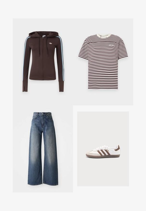 Brun hættetrøje med fuld lynlås med blå og hvide striber på ærmerne, tommelhuller ved manchetterne, Adidas-logo på brystet og justerbar snøre i hætten.; Stribet T-shirt med korte ærmer med skiftevis mørkebrune og hvide vandrette striber og et lille logo på venstre bryst.; Blå højtaljede vide bukser med frontknap og lommer, falmet tekstur på lårerne og lige kant.; Hvid Adidas Samba sneaker med brune ruskindstriber, brun hælflap, beige tåhætte og gennemsigtig gummisål, vist fra siden.
