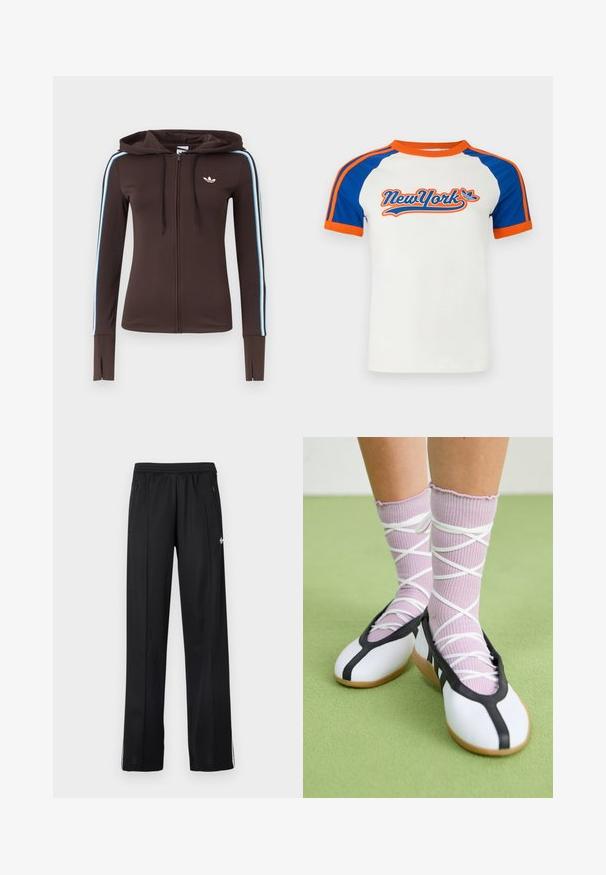 Brun hættetrøje med fuld lynlås med blå og hvide striber på ærmerne, tommelhuller ved manchetterne, Adidas-logo på brystet og justerbar snøre i hætten.; Hvid T-shirt med korte ærmer, blå raglanærmer og orange detaljer, med et "NewYork"-motiv i stiliseret bogstavdesign på forsiden.; Sorte atletikbukser med elastisk taljebånd, sidelommer med lynlås, hvide striber på underbenene og et lille hvidt logo på siden.; Ben iført ribbet lilla sokker med hvide krydsede stropper kombineret med hvide balletsko med sort kant på grøn gulv.