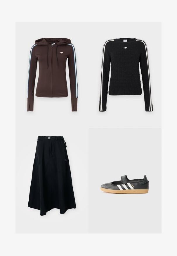 Brauner Kapuzenpullover mit durchgehendem Reißverschluss, blauen und weißen Streifen an den Ärmeln, Daumenlöchern an den Bündchen, Adidas-Logo auf der Brust und verstellbarer Kapuze mit Kordelzug.; Schwarzer Strickpullover mit strukturierter Oberfläche, langen Ärmeln, Rundhalsausschnitt und weißen Seitenstreifen sowie einem gestickten Logo auf der Brust.; Schwarz lange Rock aus strapazierfähigem Stoff, mit einem flachen Bund und einer Schnalle sowie seitlichen Taschen. Logodetail auf der Vorderseite.; Schwarze Leder- und Wildledersneaker mit einem Klettverschluss, ausgestattet mit drei weißen Streifen und einer Gummisohle, beschriftet mit "SAMBA" an der Seite.