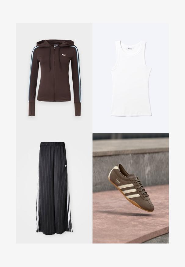 Sudadera con capucha marrón con cremallera completa, con rayas azules y blancas en las mangas, aberturas para los pulgares en los puños, logo de Adidas en el pecho y capucha ajustable con cordón.; Camiseta sin mangas blanca con textura de canalé, cuello redondo y una pequeña etiqueta que dice "WEEKDAY" en el interior del cuello.; Pantalones negros de pierna ancha con rayas blancas verticales, cinturilla elástica y tres rayas blancas a lo largo del lado. Logo de Adidas en la parte frontal.; Zapatilla de ante marrón con rayas blancas y marca, con puntera redonda y suela de goma color caramelo, suspendida sobre una superficie texturizada.