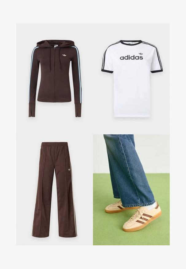 Brun hættetrøje med fuld lynlås med blå og hvide striber på ærmerne, tommelhuller ved manchetterne, Adidas-logo på brystet og justerbar snøre i hætten.; Hvid bomulds-T-shirt med sorte detaljer, har rundt halsudskæring, korte ærmer, tre sorte striber på skuldrene og adidas-logo i sort.; Brune atletiske bukser med vidde ben, hvide striber på siden, elastisk linning og to sidelommer. Har et lille logo på benet.; Beige sneakers med teksturerede cremefarvede paneler og brune striber, parret med blå denim jeans. Jeansene har brede ben og en frynset kant.