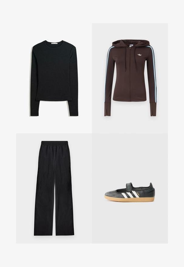 Hanorac maro cu fermoar complet, cu dungi albastre și albe pe mâneci, găuri pentru degetul mare pe manșete, logo Adidas pe piept și glugă reglabilă cu șnur.; Cămașă neagră cu mâneci lungi, realizată dintr-un material moale, având un decolteu rotund și un design ajustat, cu o margine dreaptă și detalii minime de cusătură.; Pantaloni negri cu picioare largi, cu talie elastică, din material ușor, așezați pe o suprafață plată pe un fundal deschis.; Tenis cu piele neagră și suede, cu o bandă Velcro, având trei dungi albe și o talpă din cauciuc, etichetat „SAMBA” pe lateral.