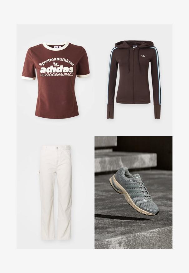 Bruine hoodie met volledige ritssluiting, blauwe en witte strepen op de mouwen, duimgaten bij de manchetten, Adidas-logo op de borst en verstelbare capuchon met trekkoord.; Bruine t-shirt met korte mouwen, voorzien van een crèmekleurige kraag en manchetten. Heeft grote witte tekst met de opdruk "Sportmanufactur adidas Herzogenaurach."; Witte katoenen cargo broek met een recht gesneden ontwerp, voorzien van zijzakken en een knoopsluiting bij de taille. Glad textuur.; Grijze en beige Adidas hardloopschoen in de lucht boven grijze betonnen trappen, met een mesh textuur en een gedempte zool.