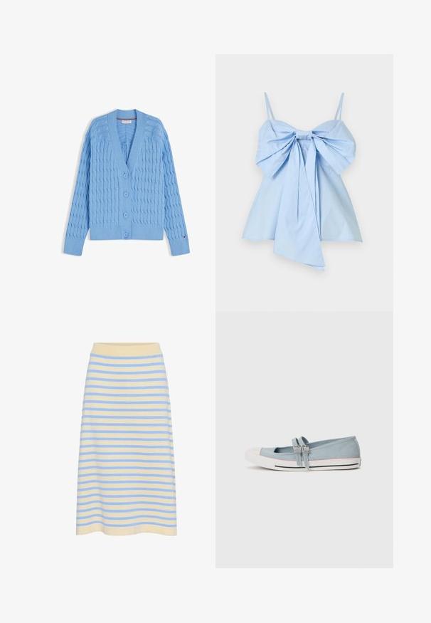 Cardigan bleu clair en maille torsadée avec manches longues, col en V, quatre boutons sur le devant, et poignets ainsi que ourlet côtelés.; Haut bleu clair à fines bretelles avec un grand nœud sur le devant, tissu plissé et ourlet asymétrique. Confectionné en coton lisse.; Jupe midi à rayures en coton doux avec une base jaune clair et des rayures horizontales bleues. Elle dispose d'une taille élastique côtelée.; Des chaussures slip-on en toile bleue avec deux sangles à l'avant, un bout rond blanc, une accent rose sur la semelle, et des rayures noires le long du bas.