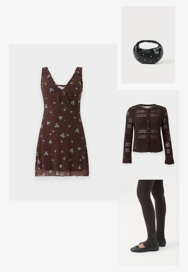 Cardigan en maille marron foncé à manches longues avec fermeture à boutons sur le devant, avec des bords festonnés et un motif ajouré façon dentelle.; Robe marron sans manches avec petit imprimé floral bleu, bretelles froncées, col en V et détail noué à l'avant.; Jambes portant des leggings côtelés foncés associés à des ballerines noires avec de petits détails en nœud sur fond blanc.; Sac à main en cuir noir de forme arrondie, décoré de clous argentés et équipé d'une poignée courte. Texture lisse et fermeture éclair.