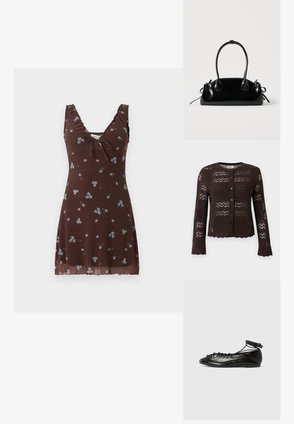 Cardigan en maille marron foncé à manches longues avec fermeture à boutons sur le devant, avec des bords festonnés et un motif ajouré façon dentelle.; Robe marron sans manches avec petit imprimé floral bleu, bretelles froncées, col en V et détail noué à l'avant.; Ballerines en cuir verni noir avec un bout rond, un design à lacets et une semelle plate. Texture lisse avec peu de détails.; Petit sac à main noir brillant avec deux longues anses et des détails à cordon sur les côtés sur un fond clair uni.
