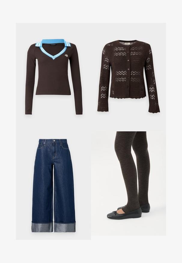 Cardigan en maille marron foncé à manches longues avec fermeture à boutons sur le devant, avec des bords festonnés et un motif ajouré façon dentelle.; Haut marron à manches longues avec un col en V et un col rayé bleu clair. Présente une coupe ajustée et un petit logo sur la poitrine.; Jean large en denim bleu foncé à taille haute, design à cinq poches, et revers pliés dévoilant le tissu intérieur plus clair.; Jambes portant des leggings côtelés foncés associés à des ballerines noires avec de petits détails en nœud sur fond blanc.