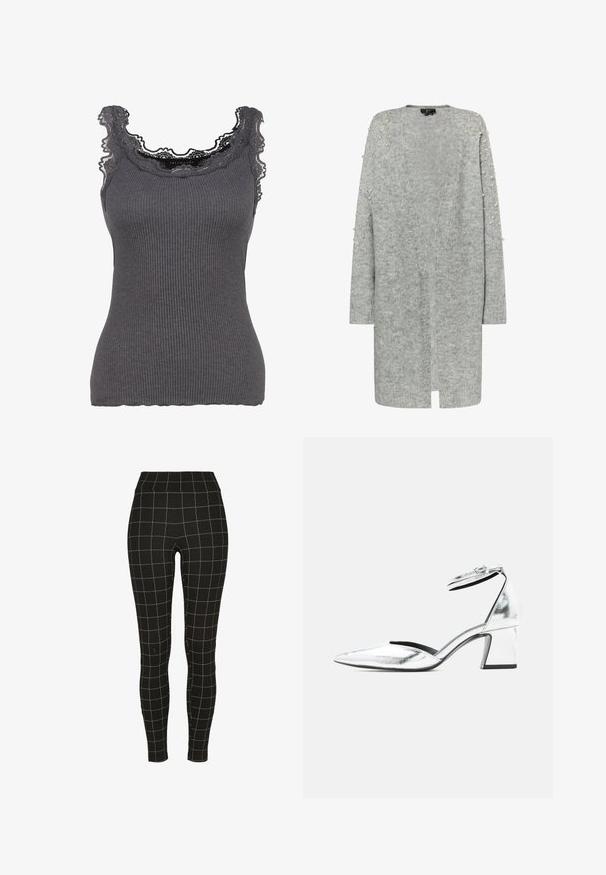 Grauer Strickcardigan mit offenem Vorderteil, langen Ärmeln und dekorativen Perlenakzenten auf den Schultern. Weiche Textur, mittellanges Design.; Graues geripptes Tanktop mit Spitzenbesatz am Ausschnitt. Der Stoff ist weich und hat eine figurbetonte Form, mit leichtem Stretch und gewellten Kanten.; Schwarze Leggings mit eng anliegendem Design, versehen mit einem weißen Karomuster, elastischem Taillenbund und glattem, dehnbarem Stoff.; Silberfarbener Metallic-Schuh mit niedrigem Blockabsatz, spitzer Toe und Knöchelriemen mit Schnalle auf weißem Hintergrund.