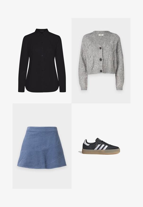 Cárdigan gris de punto con escote en V, que presenta un patrón de punto trenzado, mangas largas y tres botones negros en la parte delantera. Corte cropped.; Camisa negra de manga larga hecha de tela suave, con cuello de camisa, cierre frontal de botones y dobladillo recto.; Falda A-line de pana azul con detalles en costura diagonal, a la altura de la rodilla, con frente plano y textura sutil.; Zapatilla deportiva de cuero negro con tres rayas plateadas, punta texturizada y suela de goma. Cuenta con un collar acolchado y un diseño con cordones.