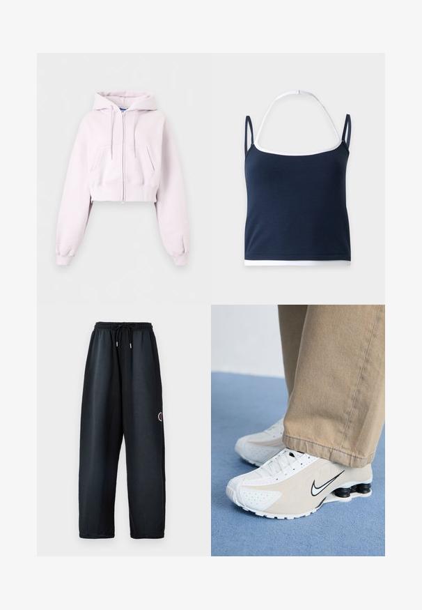 Lichtroze cropped zip-up hoodie met voorzakken, capuchon met trekkoord en geribbelde manchetten, afgebeeld op een effen achtergrond.; Marineblauwe mouwloze cropped tanktop met witte bies en verstelbare halterband op een effen achtergrond.; Zwarte sweatpants met een elastische tailleband en trekkoord. Voorzien van zijzakken en een logo in het rood en wit op het linkerpijpen. Zacht materiaal.; Witte en beige Nike sneakers met geperforeerd ontwerp, zwart swoosh-logo, textuur bovenkant en een kenmerkende veerkrachtige zwarte hak.