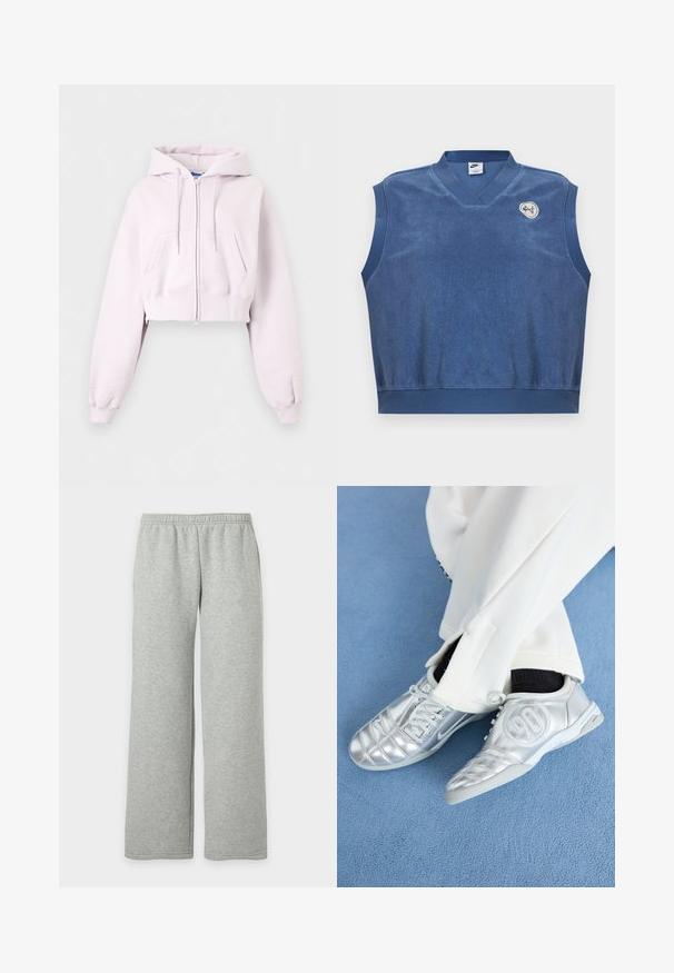 Lyserød cropped hoodie med lynlås, forlommer, snøretrækshætte og ribkant ved ærmerne vist på en ensfarvet baggrund.; Ærmeløs blå Nike terry stof vest med V-hals og lille hvidt og blåt broderet logo på øverste venstre bryst.; Lysegrå joggingbukser med elastisk talje og brede, lige ben, vist på en ensfarvet hvid baggrund.; Sølv athletic sko med en glat, skinnende finish, der har et syet design og nummer 90 på siden, parret med hvide bukser.