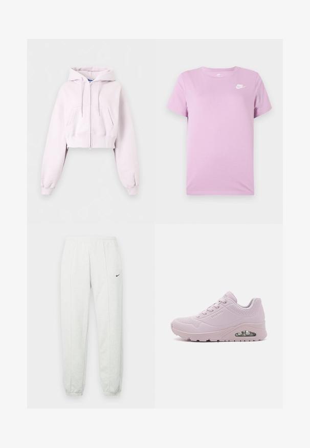 Lyserød cropped hoodie med lynlås, forlommer, snøretrækshætte og ribkant ved ærmerne vist på en ensfarvet baggrund.; Lilla T-shirt med korte ærmer fra Nike med hvidt Nike-logo på den øverste venstre bryst, rund halsudskæring og ensfarvet stofbaggrund.; Lysegrå Nike joggingbukser med elastisk taljebånd, tilspidsede manchetter og et lille sort logo på venstre lår. Blødt, tekstureret stof.; Lyserød sneaker med en glat syntetisk overdel, perforerede detaljer, rund tå, snørebåndsdesign og en synlig luftdæmpningsenhed i sålen.